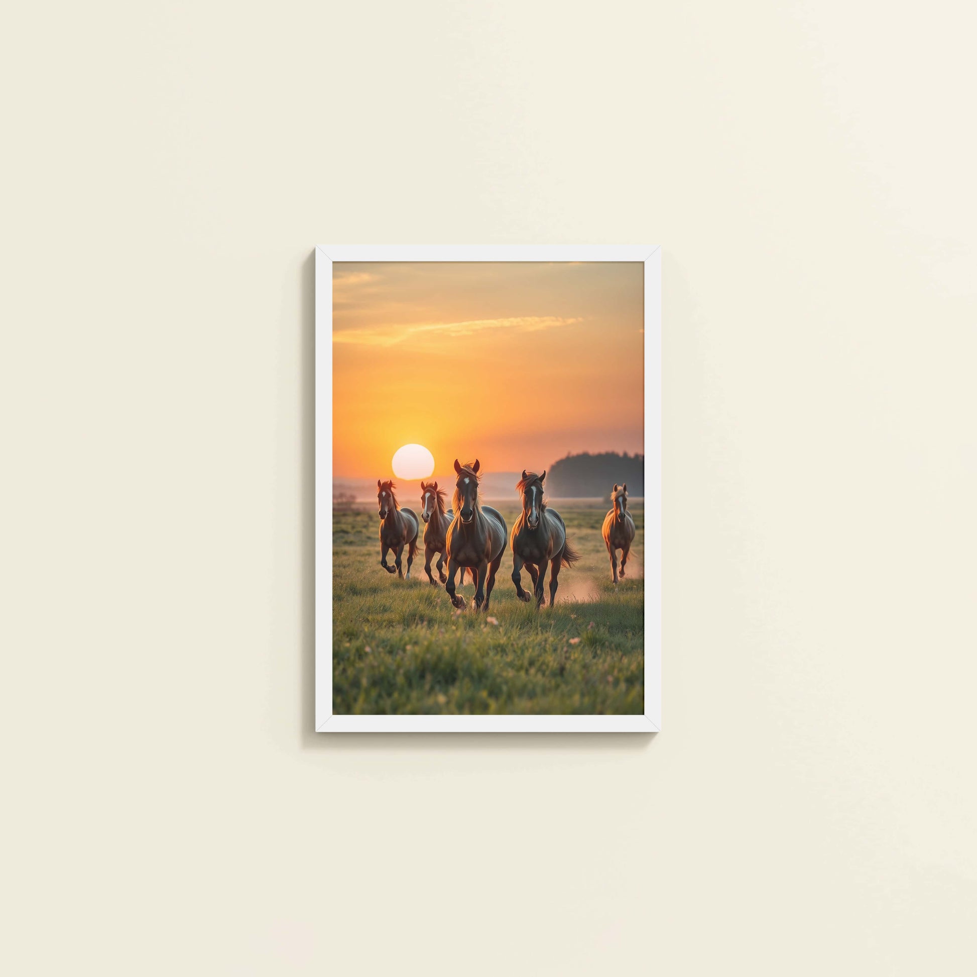 Wall View of Sunrise Spirit – Running Horses in Wall Art & Frame in White Color Frame
