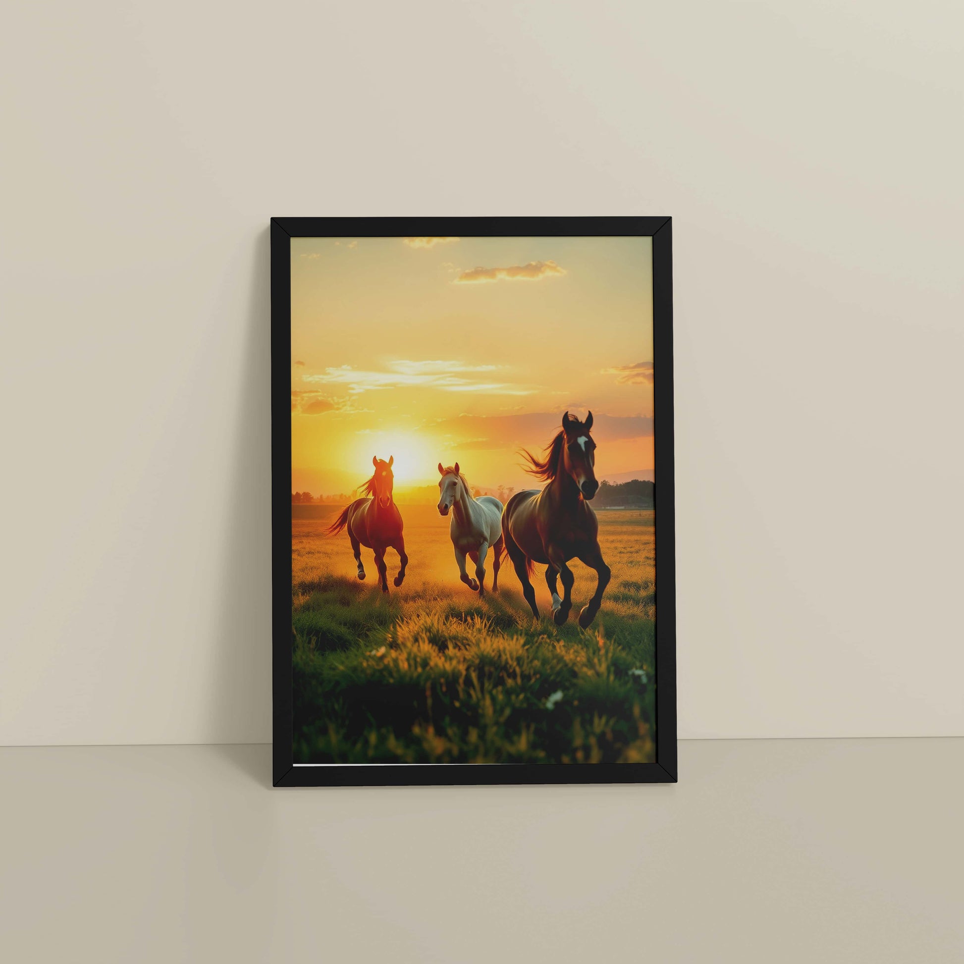 Floor View of Morning Gallop – Horse at Sunrise Photo Frame in Black Color Frame