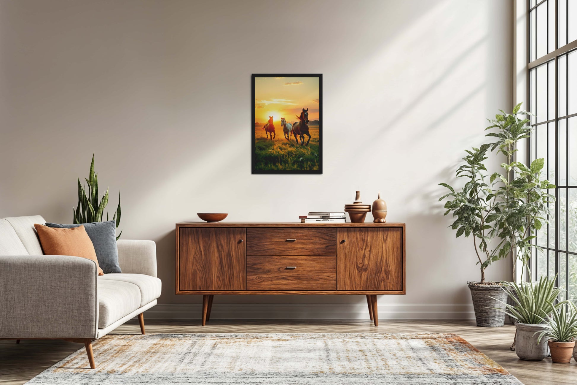 Living Room Sofa Preview of Morning Gallop – Horse at Sunrise Photo Frame in Black Color Frame