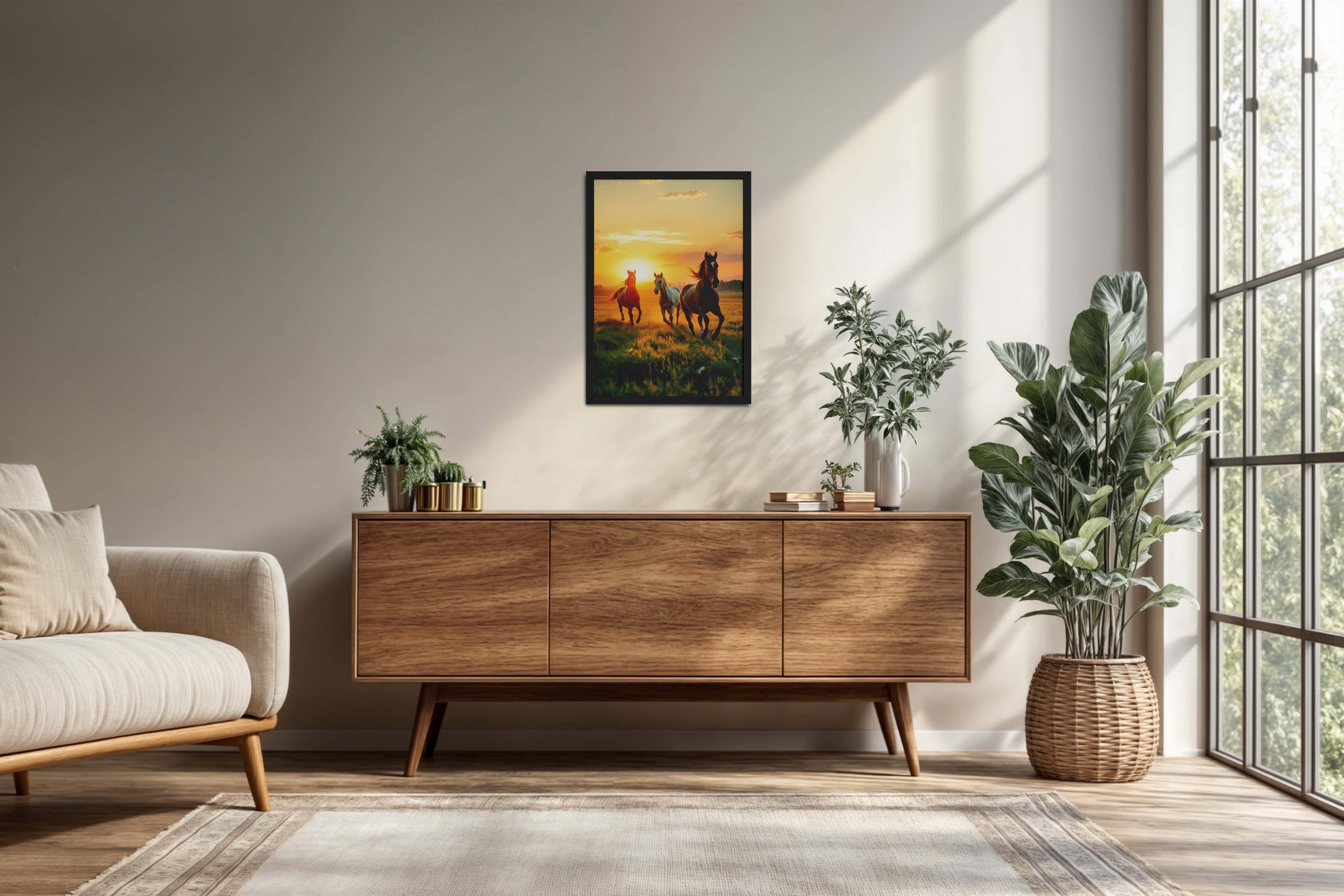 Living Room Cabinet Preview of Morning Gallop – Horse at Sunrise Photo Frame in Black Color Frame