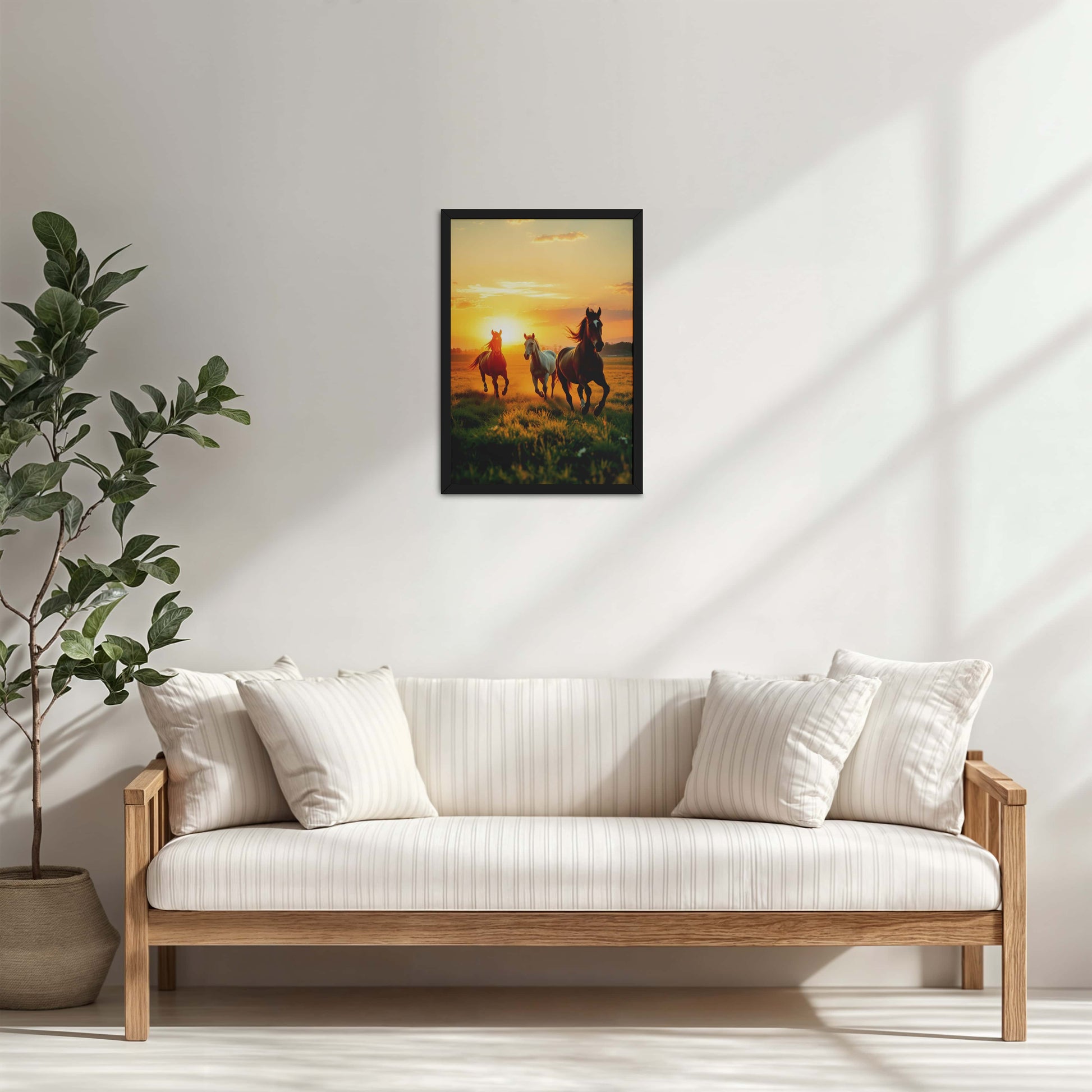 Living Room Cabinet Table Preview of Morning Gallop – Horse at Sunrise Photo Frame in Black Color Frame