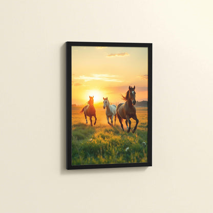 Side View of Morning Gallop – Horse at Sunrise Photo Frame in Black Color Frame