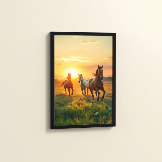Side View of Morning Gallop – Horse at Sunrise Photo Frame in Black Color Frame