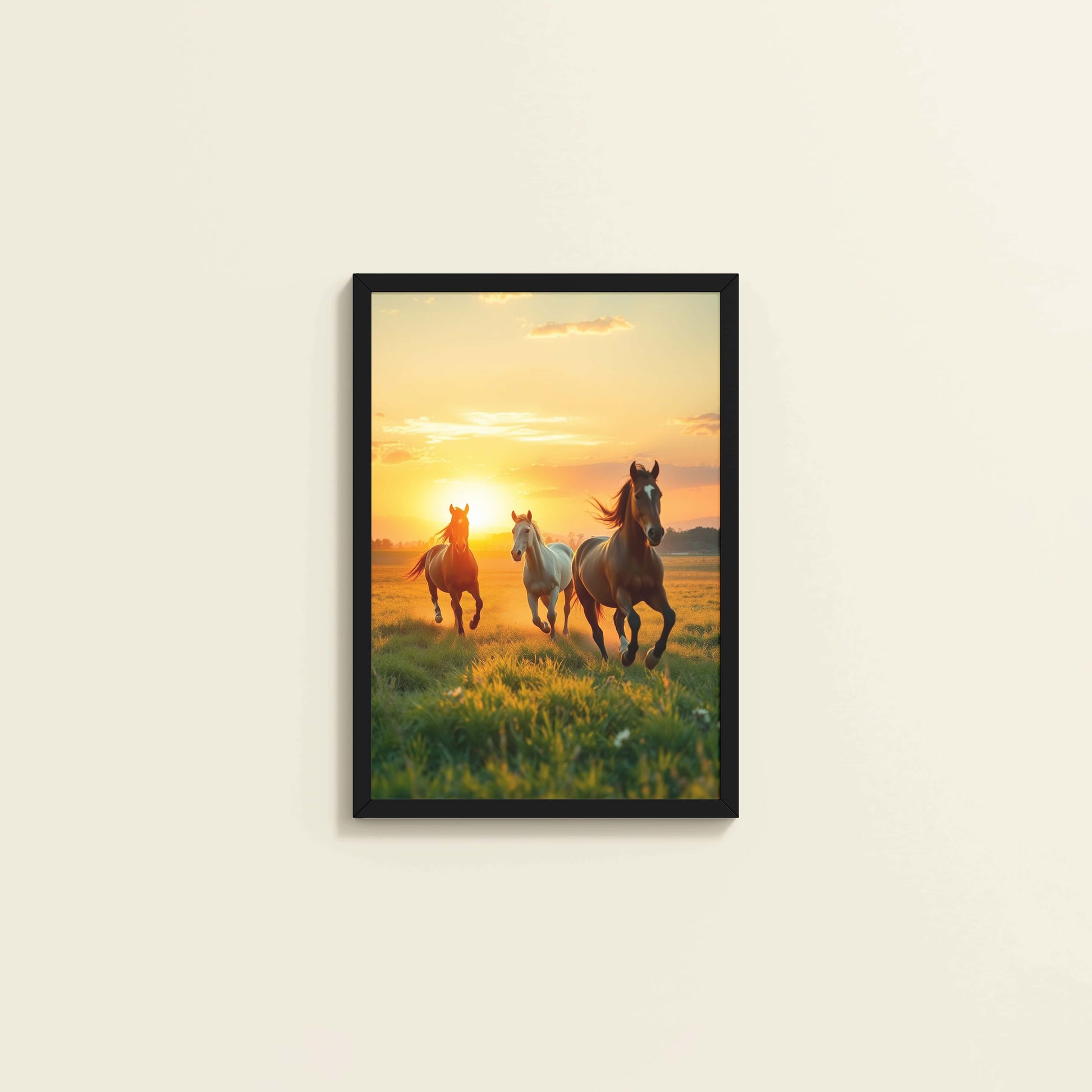 Wall View of Morning Gallop – Horse at Sunrise Photo Frame in Black Color Frame