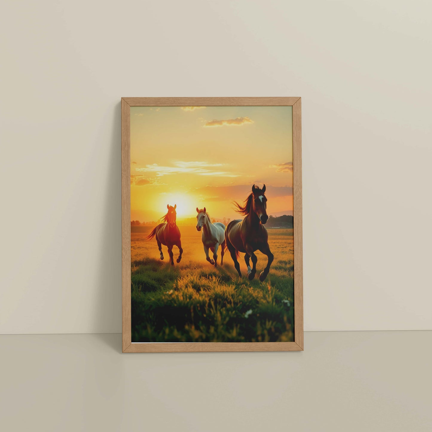Floor View of Morning Gallop – Horse at Sunrise Photo Frame in Natrual Color Frame