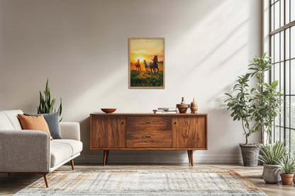Living Room Sofa Preview of Morning Gallop – Horse at Sunrise Photo Frame in Natrual Color Frame