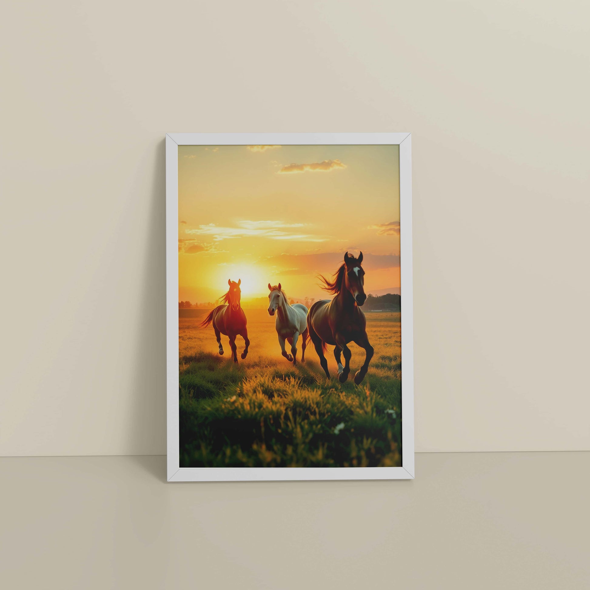 Floor View of Morning Gallop – Horse at Sunrise Photo Frame in White Color Frame