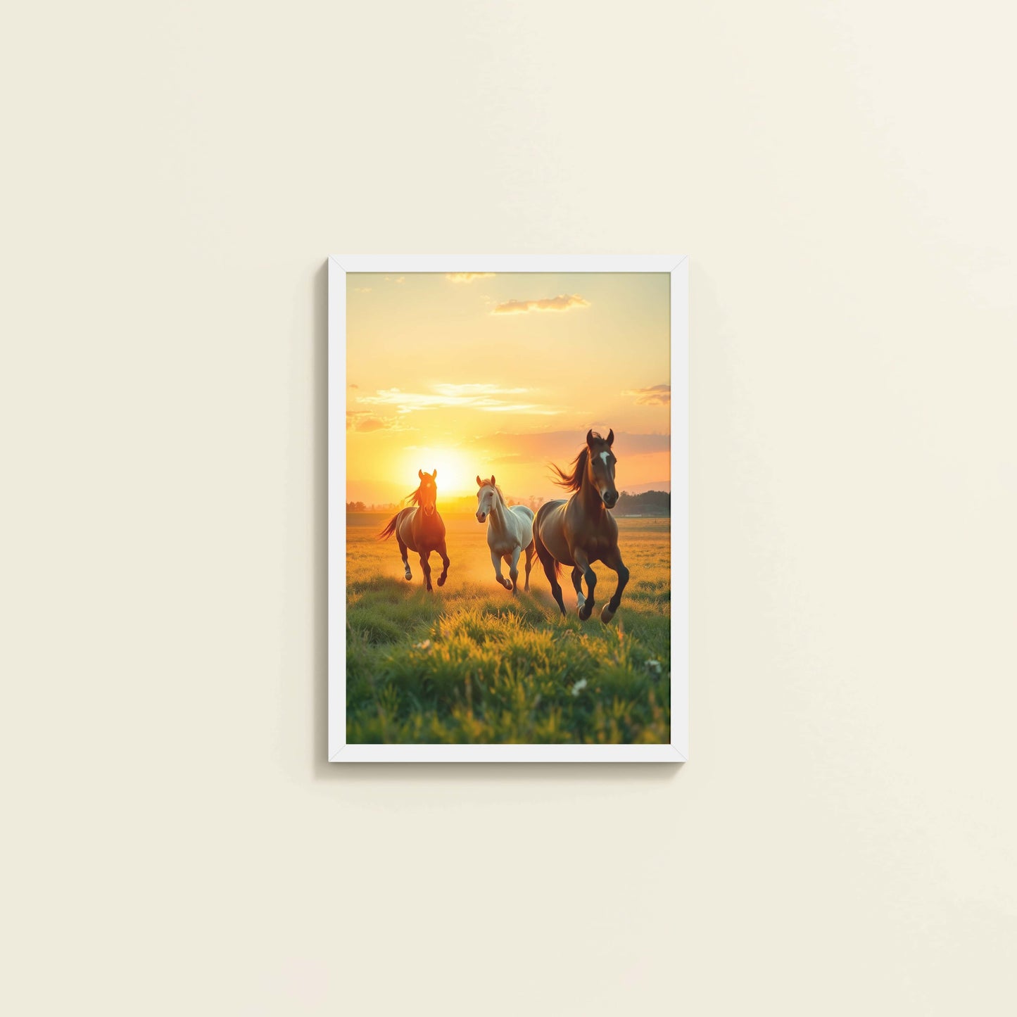 Wall View of Morning Gallop – Horse at Sunrise Photo Frame in White Color Frame