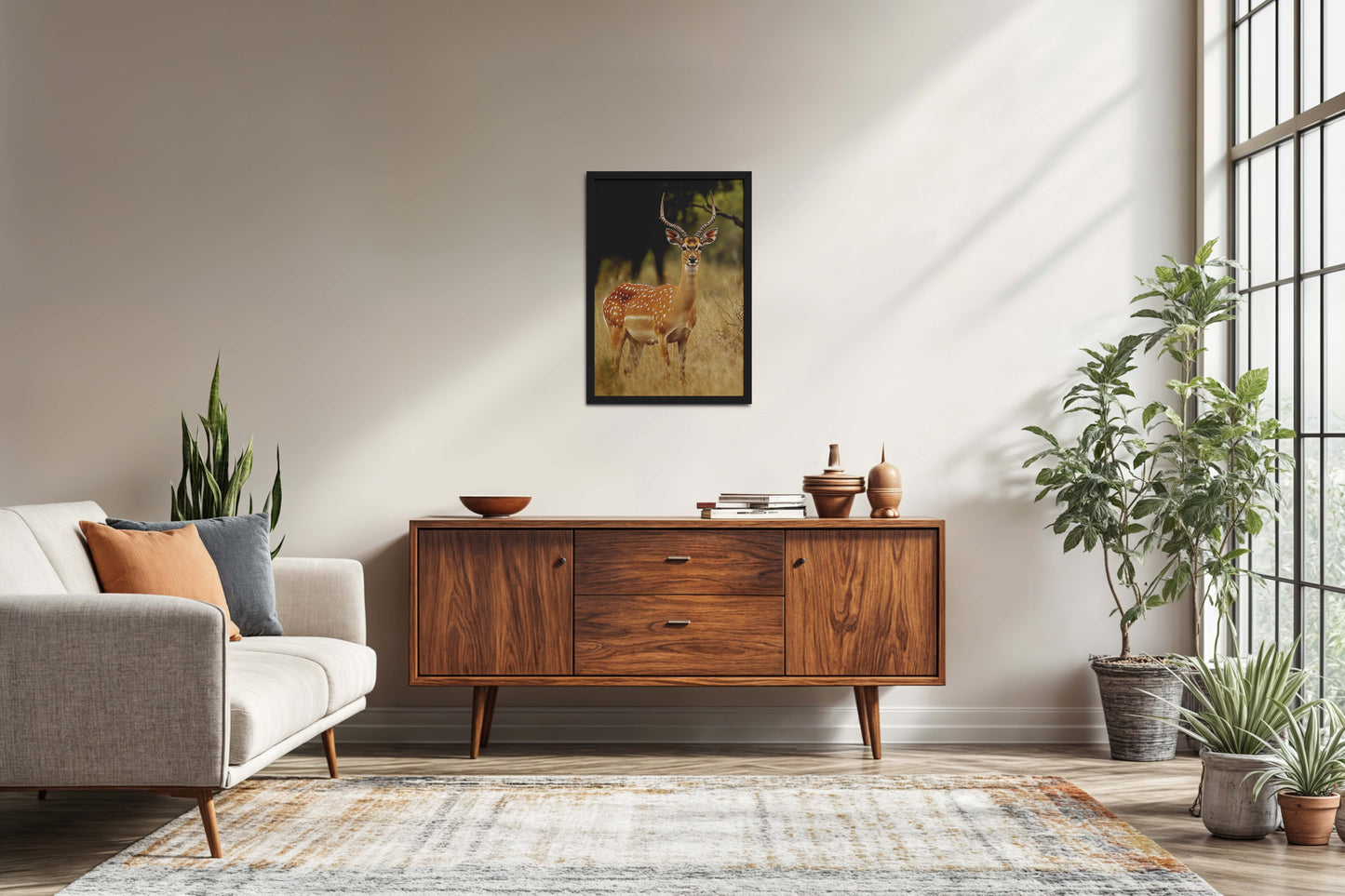 Living Room Sofa Preview of Grace of the Wild – Deer in Wildlife Wall Photo Frame in Black Color Frame