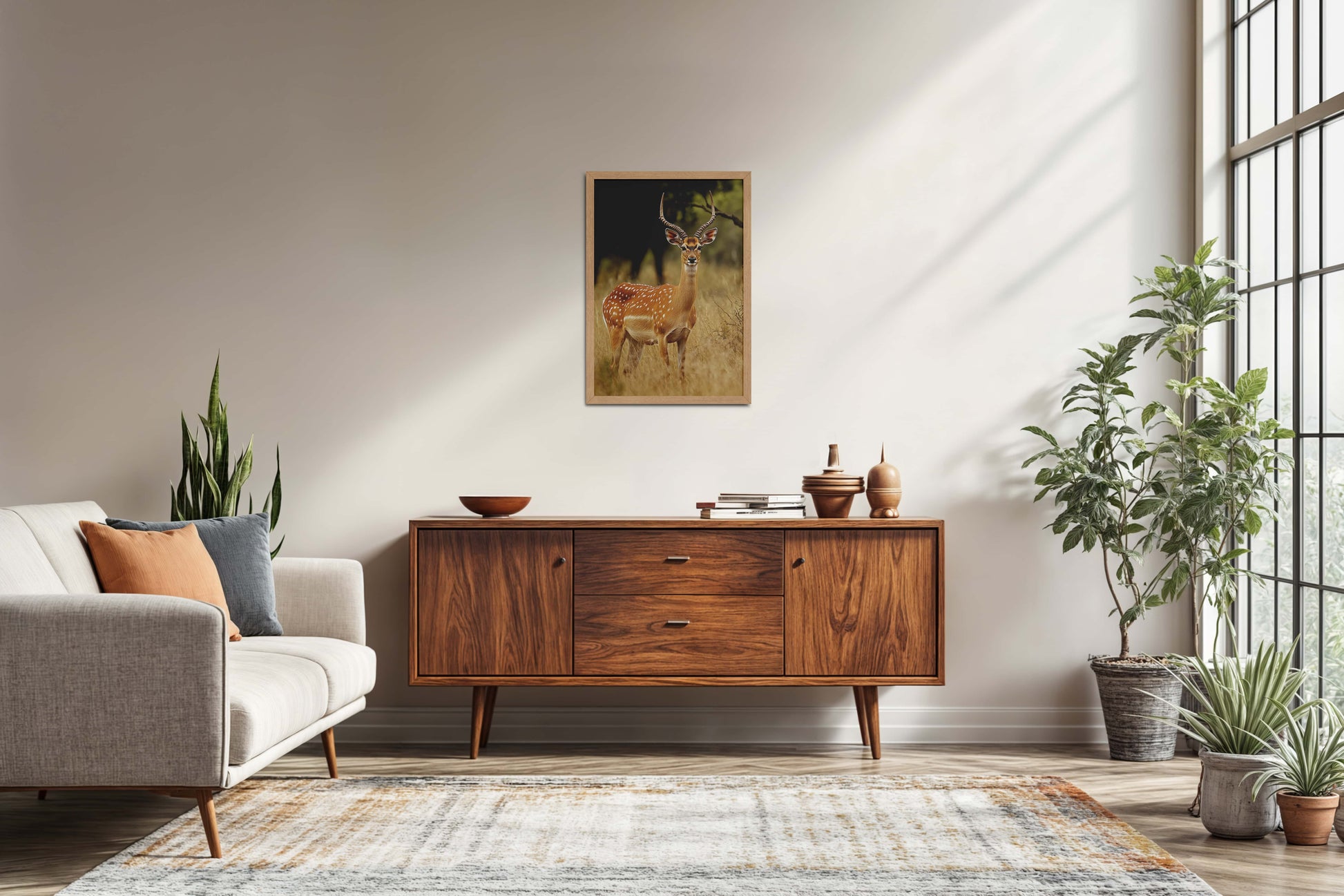 Living Room Sofa Preview of Grace of the Wild – Deer in Wildlife Wall Photo Frame in Natrual Color Frame