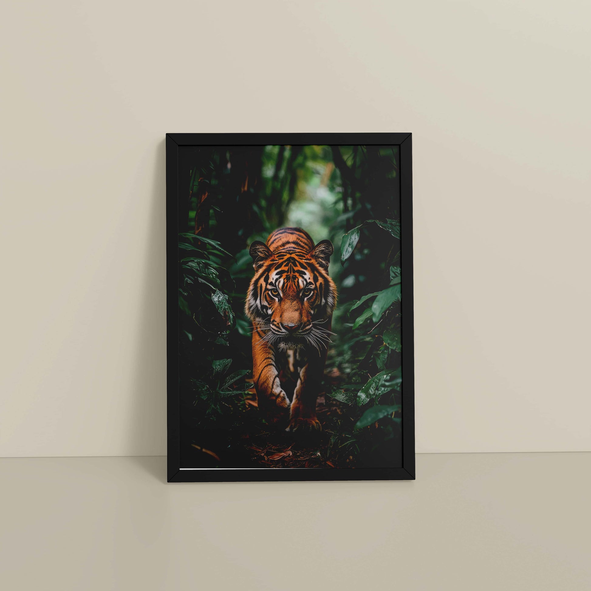 Floor View of Stride of the Wild – Majestic Tiger in Forest Wall Art in Black Color Frame