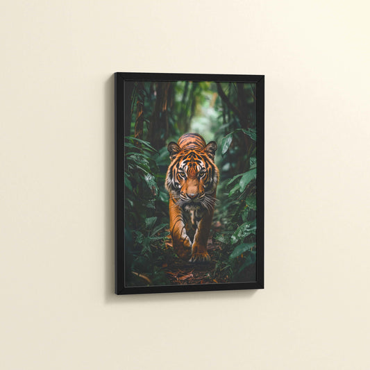 Side View of Stride of the Wild – Majestic Tiger in Forest Wall Art in Black Color Frame