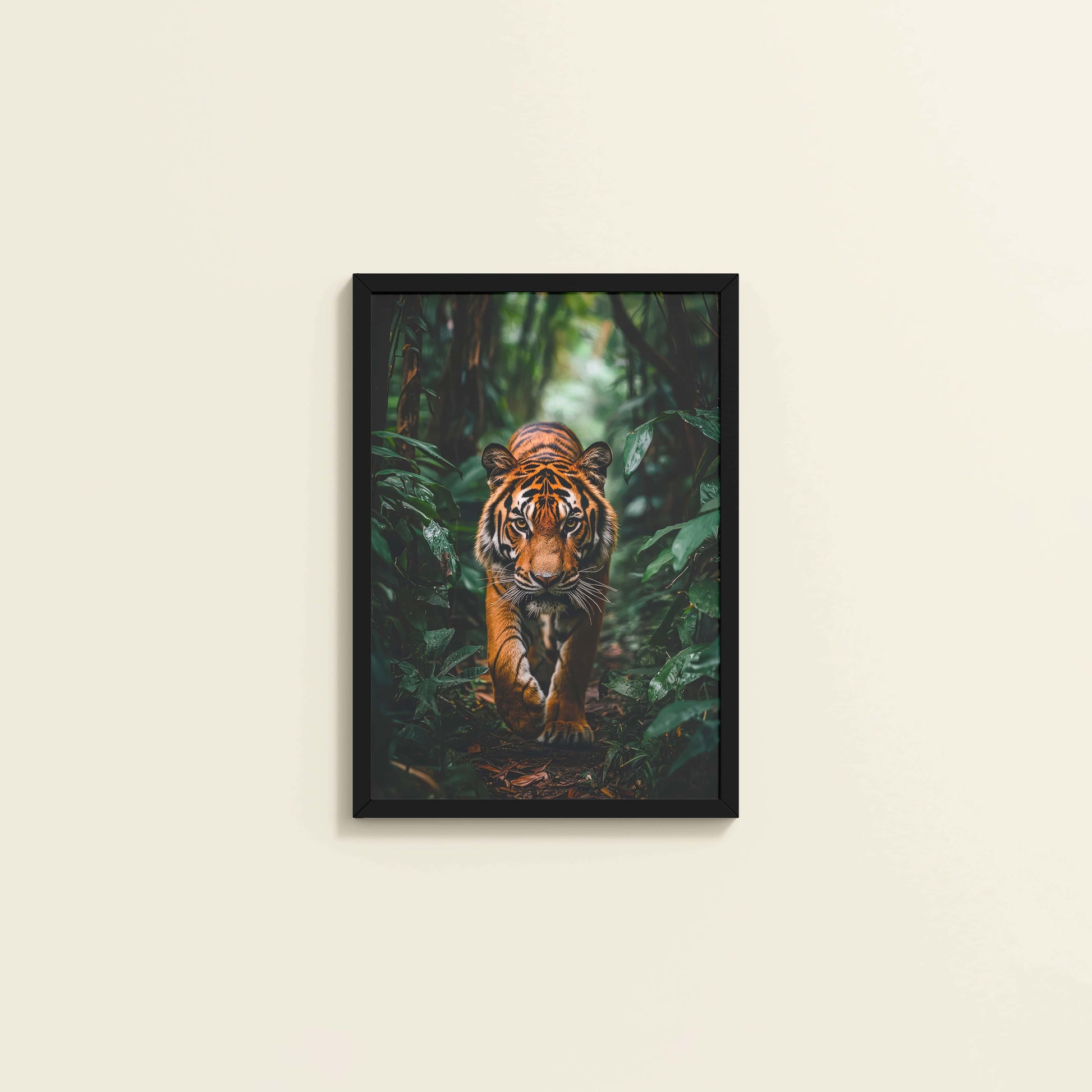 Wall View of Stride of the Wild – Majestic Tiger in Forest Wall Art in Black Color Frame