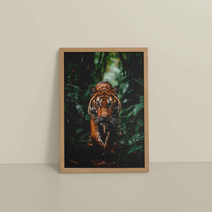 Floor View of Stride of the Wild – Majestic Tiger in Forest Wall Art in Natrual Color Frame