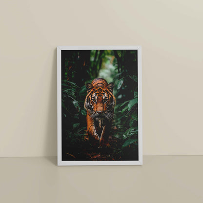 Floor View of Stride of the Wild – Majestic Tiger in Forest Wall Art in White Color Frame