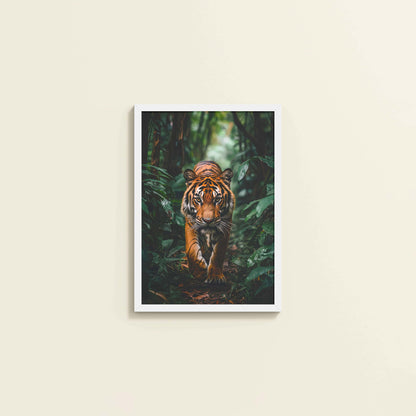 Wall View of Stride of the Wild – Majestic Tiger in Forest Wall Art in White Color Frame