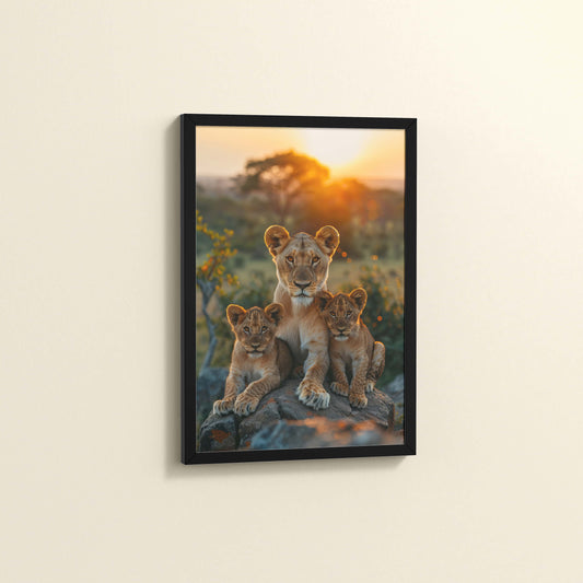 Side View of Nurture in Nature – Lioness with Cubs in Wall Art Frame in Black Color Frame