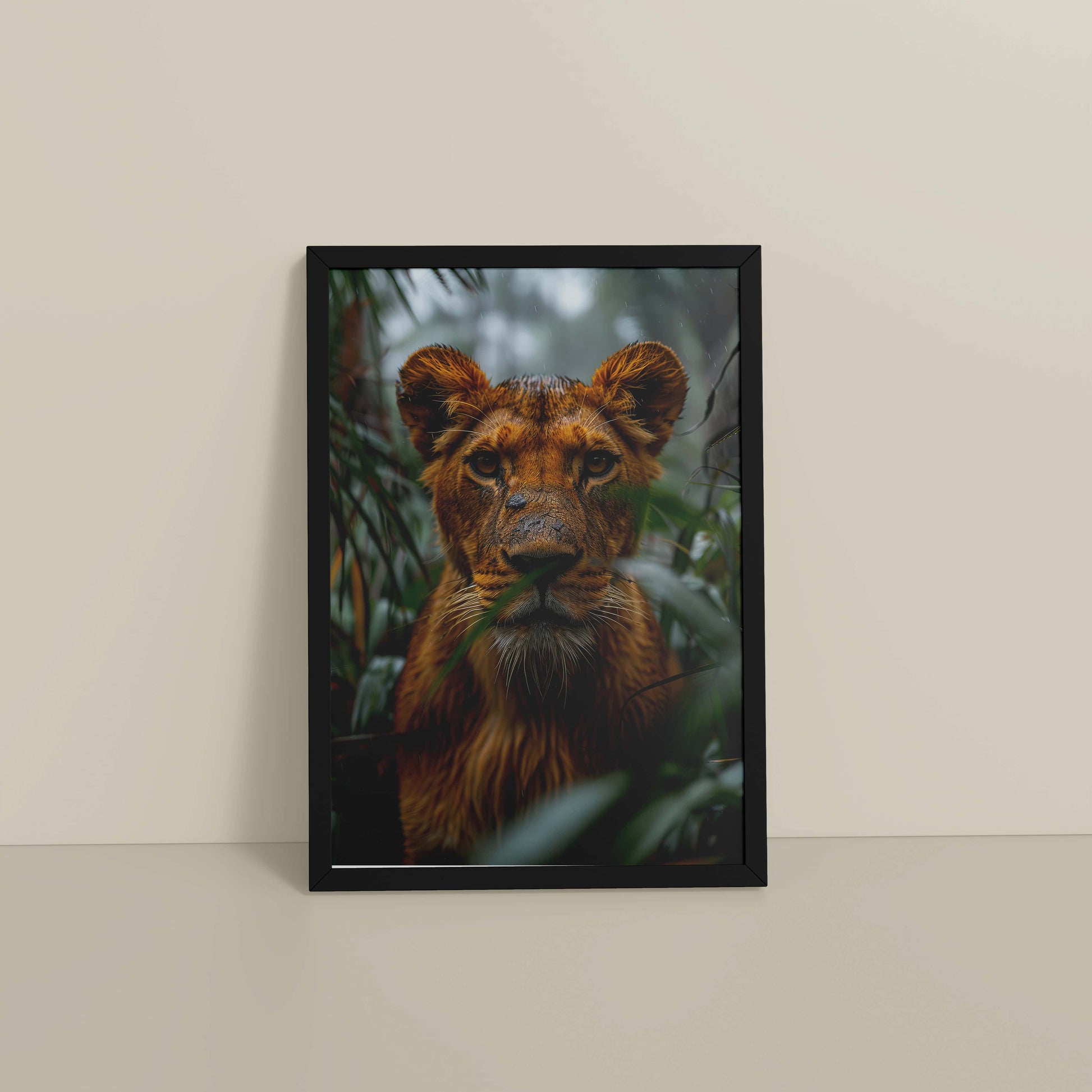 Floor View of Little King – Lion Cub in Forest Wall Art & Frame in Black Color Frame