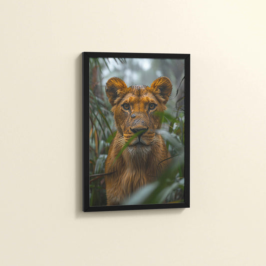 Side View of Little King – Lion Cub in Forest Wall Art & Frame in Black Color Frame