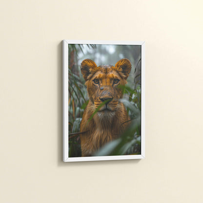 Side View of Little King – Lion Cub in Forest Wall Art & Frame in White Color Frame