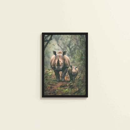 Wall View of Nature’s Bond – Rhinoceros with Baby Wall Decor in Black Color Frame