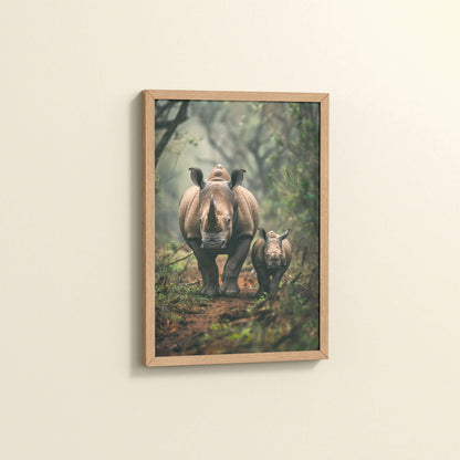 Side View of Nature’s Bond – Rhinoceros with Baby Wall Decor in Natrual Color Frame