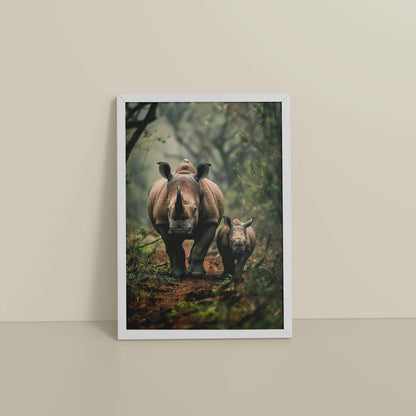 Floor View of Nature’s Bond – Rhinoceros with Baby Wall Decor in White Color Frame
