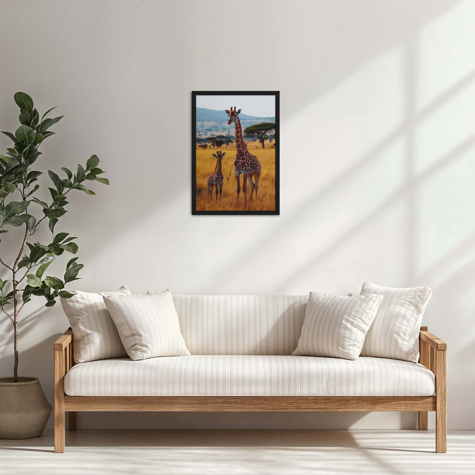 Living Room Cabinet Table Preview of Gentle Heights – Giraffe with Baby Wildlife Wall Art Frame in Black Color Frame