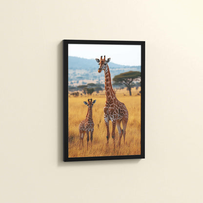 Side View of Gentle Heights – Giraffe with Baby Wildlife Wall Art Frame in Black Color Frame
