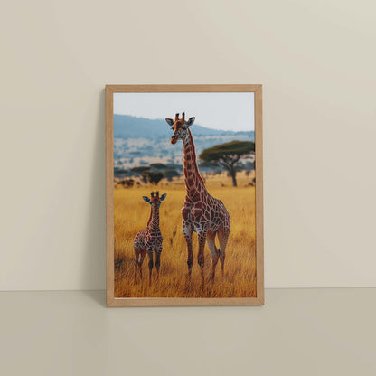Floor View of Gentle Heights – Giraffe with Baby Wildlife Wall Art Frame in Natrual Color Frame