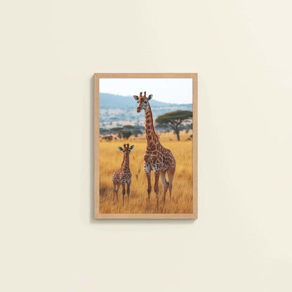 Wall View of Gentle Heights – Giraffe with Baby Wildlife Wall Art Frame in Natrual Color Frame