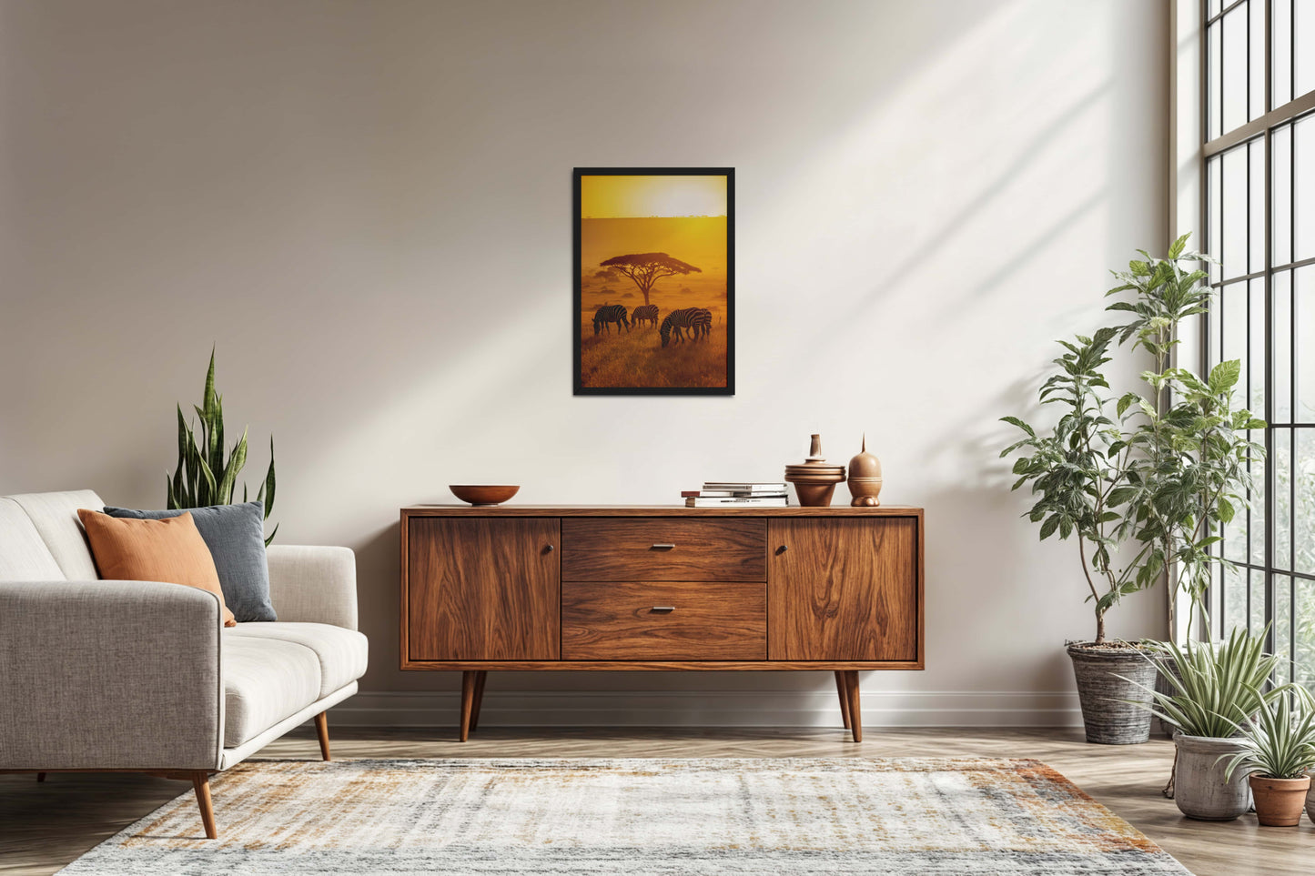 Living Room Sofa Preview of Zebras in Safari – Wildlife Wall Art Decor in Black Color Frame