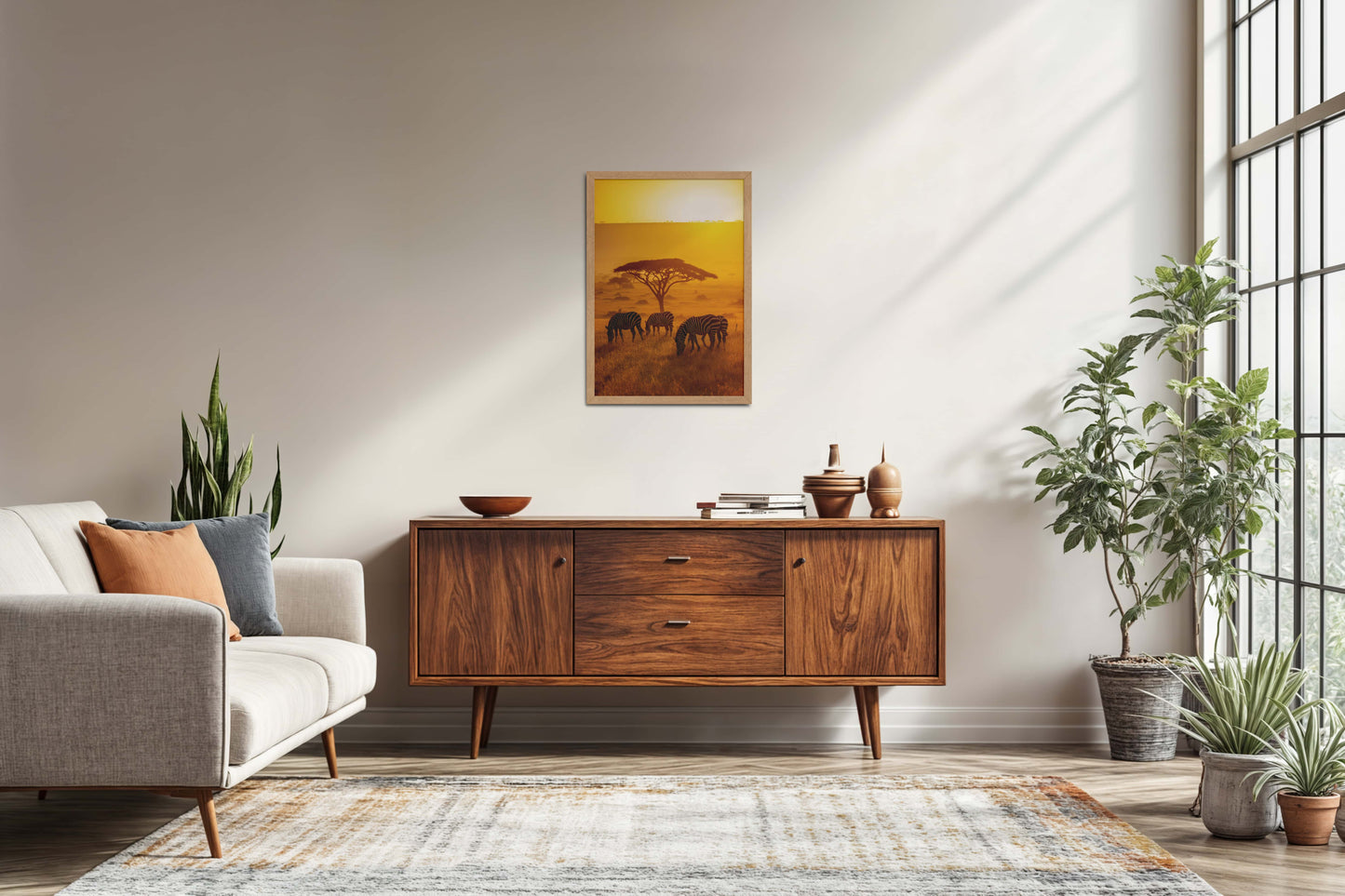 Living Room Sofa Preview of Zebras in Safari – Wildlife Wall Art Decor in Natrual Color Frame