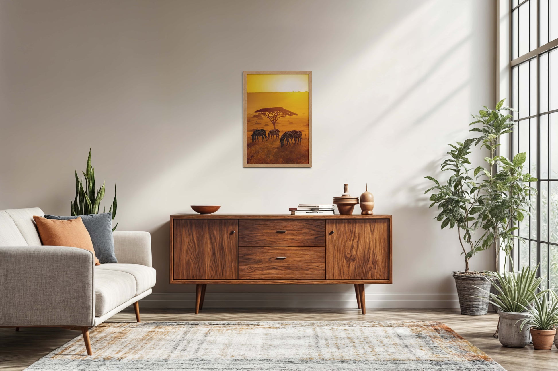 Living Room Sofa Preview of Zebras in Safari – Wildlife Wall Art Decor in Natrual Color Frame