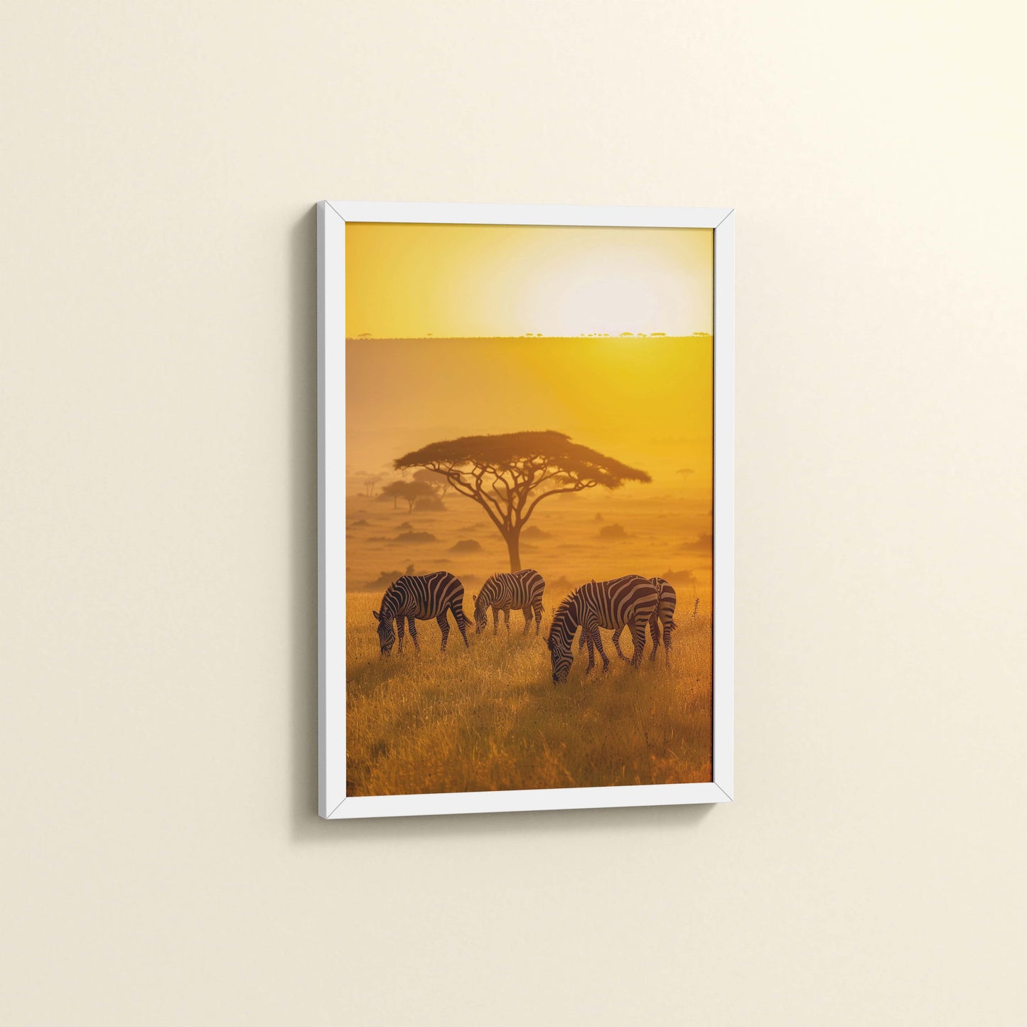 Side View of Zebras in Safari – Wildlife Wall Art Decor in White Color Frame