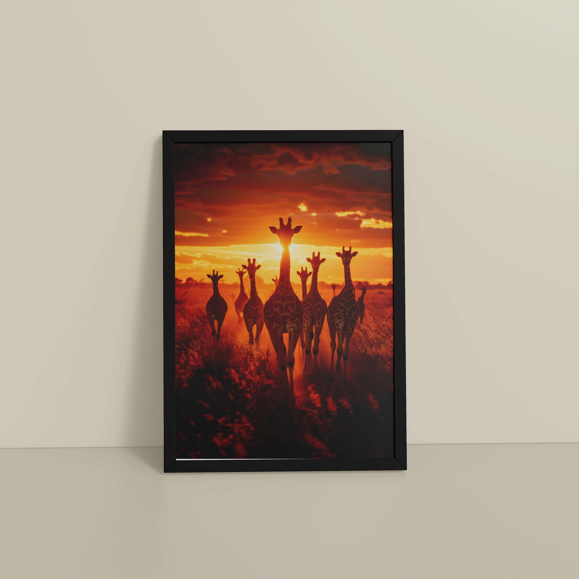 Floor View of Together at Dusk – Giraffe Family Wildlife Photo Frame in Black Color Frame