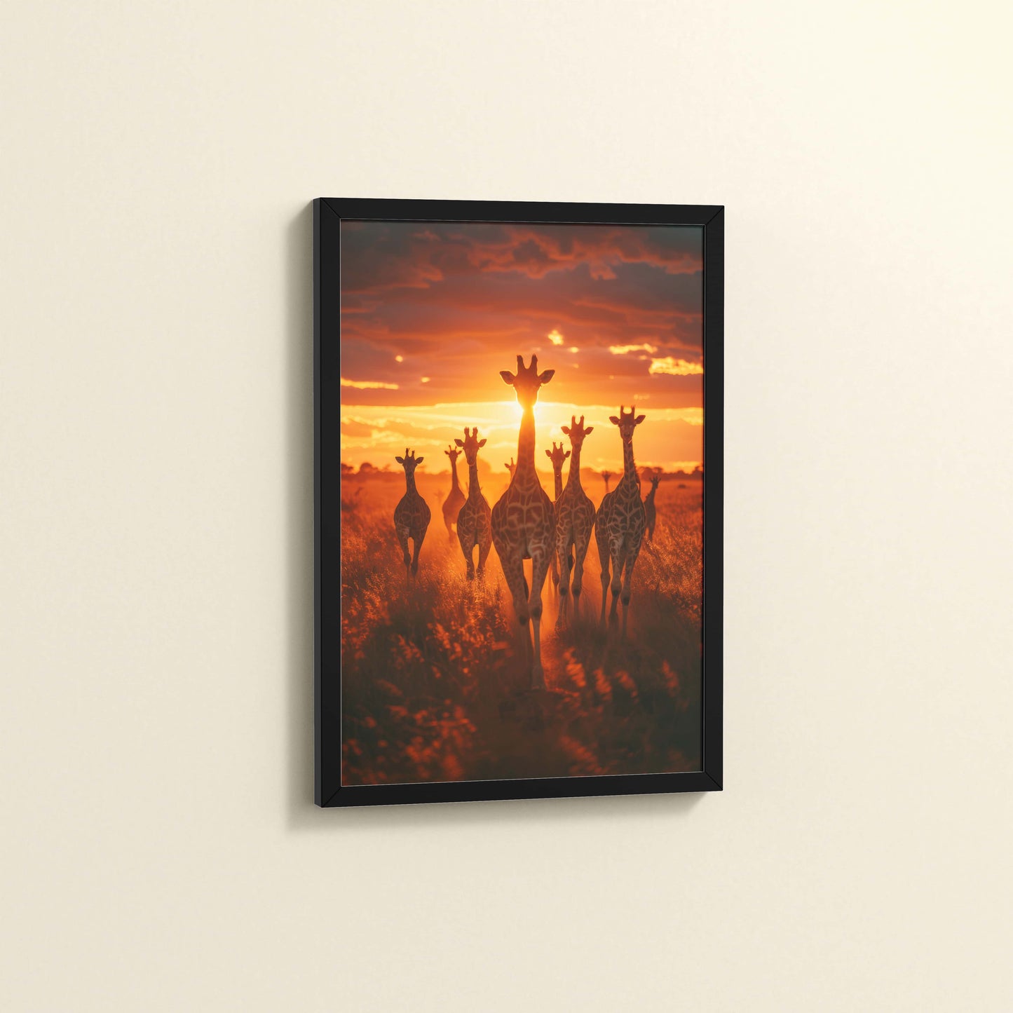 Side View of Together at Dusk – Giraffe Family Wildlife Photo Frame in Black Color Frame