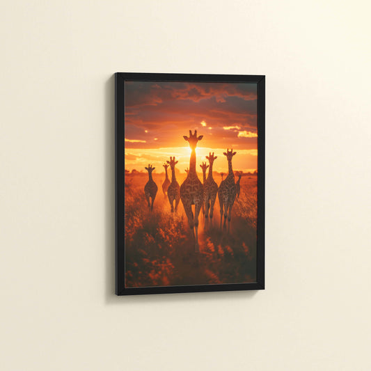 Side View of Together at Dusk – Giraffe Family Wildlife Photo Frame in Black Color Frame