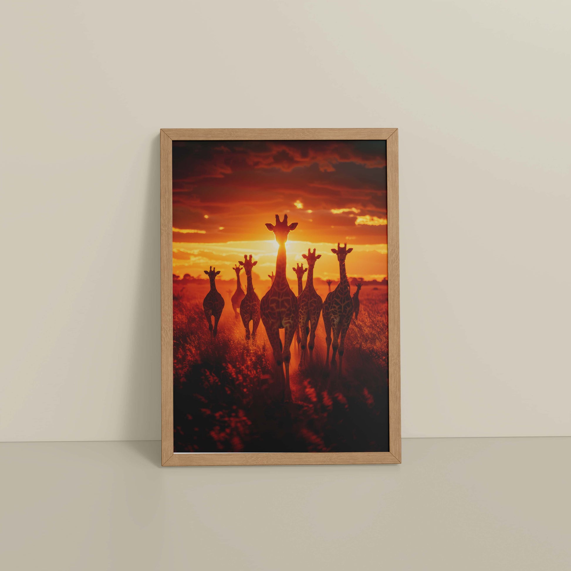 Floor View of Together at Dusk – Giraffe Family Wildlife Photo Frame in Natrual Color Frame