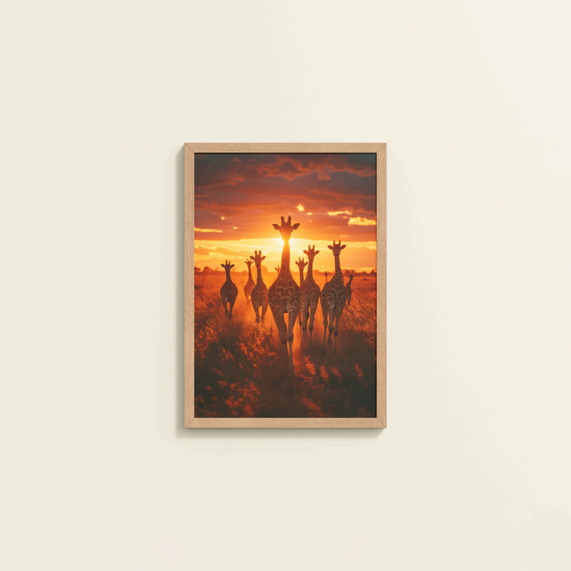 Wall View of Together at Dusk – Giraffe Family Wildlife Photo Frame in Natrual Color Frame