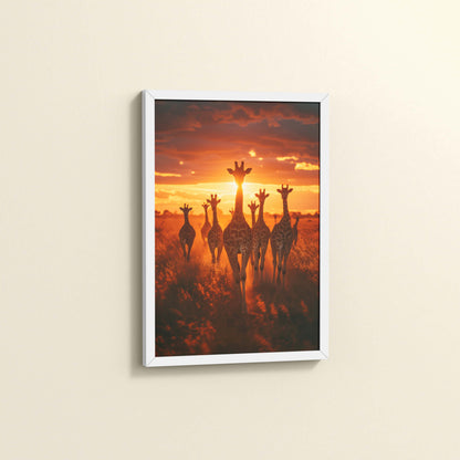 Side View of Together at Dusk – Giraffe Family Wildlife Photo Frame in White Color Frame