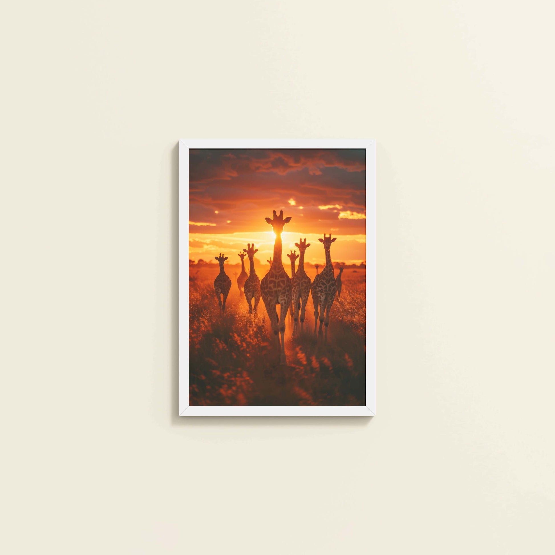 Wall View of Together at Dusk – Giraffe Family Wildlife Photo Frame in White Color Frame