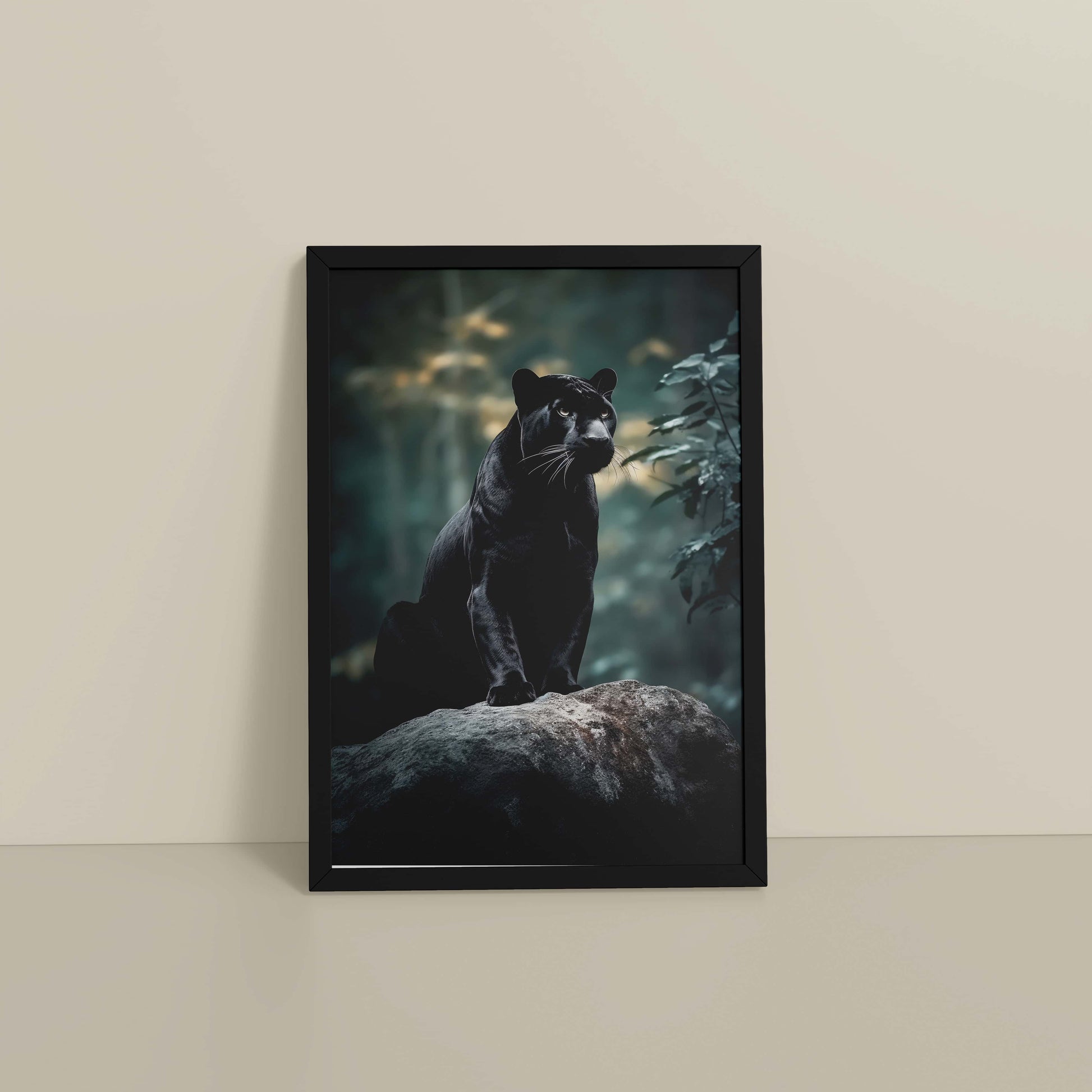 Floor View of Black Panther in Forest – Wildlife Wall Art Decor in Black Color Frame
