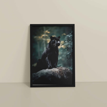 Floor View of Black Panther in Forest – Wildlife Wall Art Decor in Black Color Frame