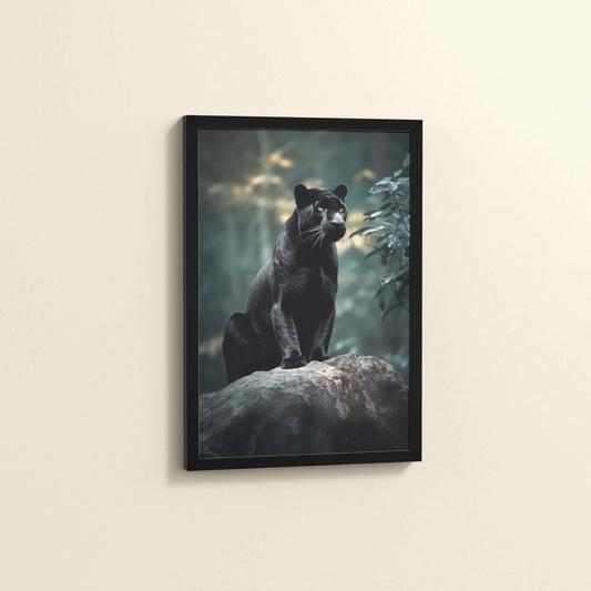 Side View of Black Panther in Forest – Wildlife Wall Art Decor in Black Color Frame