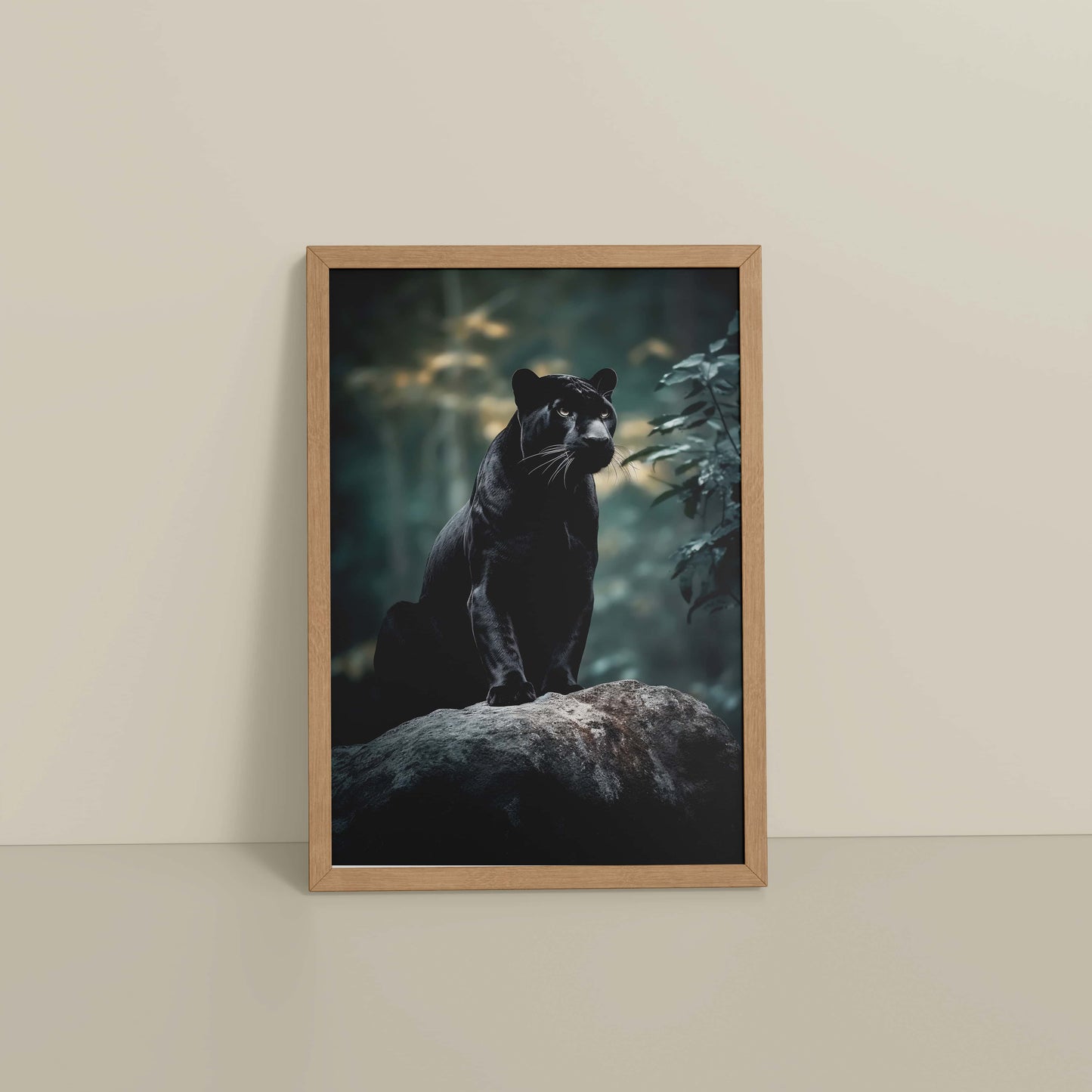 Floor View of Black Panther in Forest – Wildlife Wall Art Decor in Natrual Color Frame