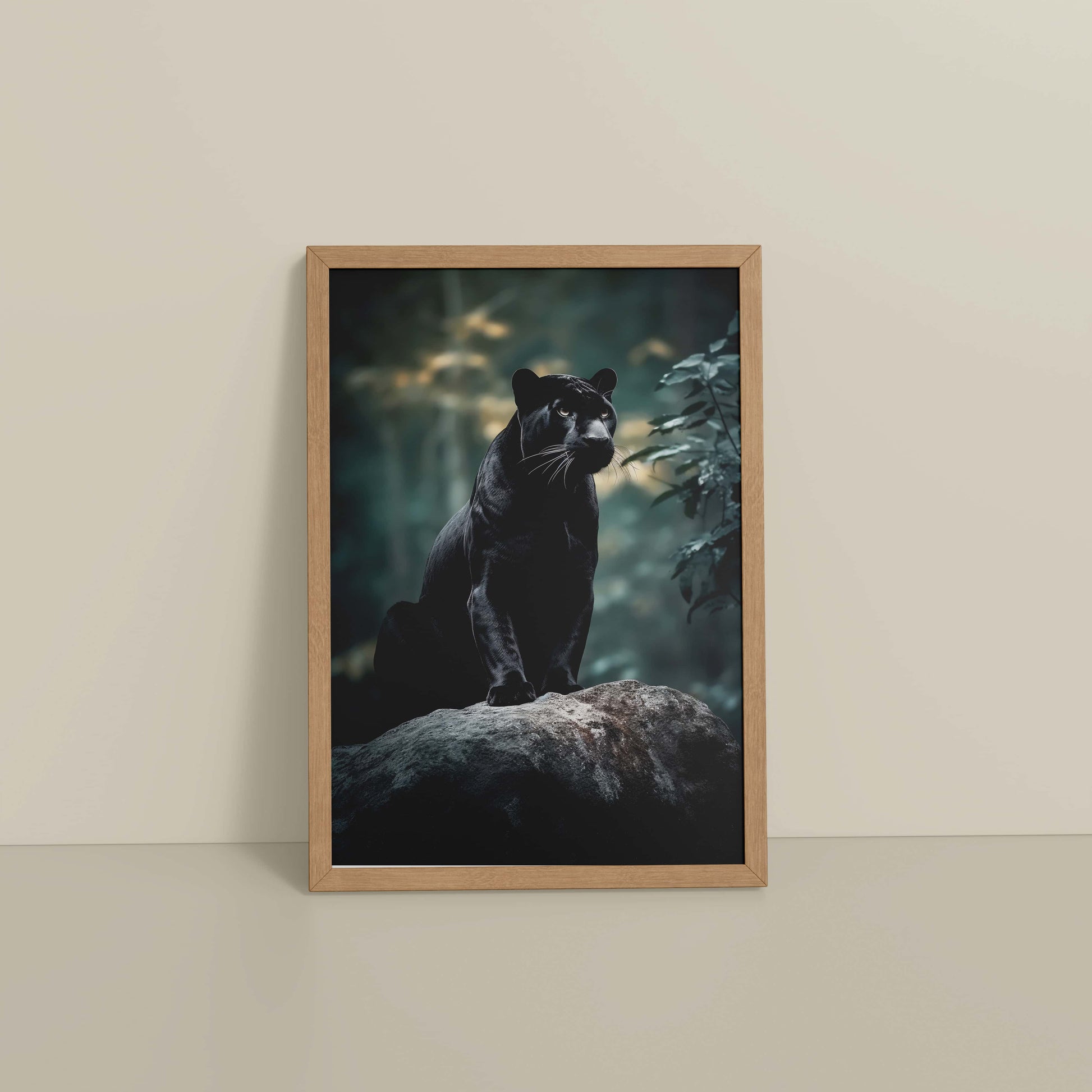 Floor View of Black Panther in Forest – Wildlife Wall Art Decor in Natrual Color Frame
