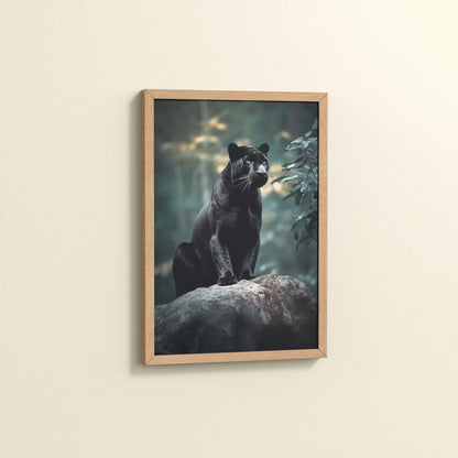 Side View of Black Panther in Forest – Wildlife Wall Art Decor in Natrual Color Frame
