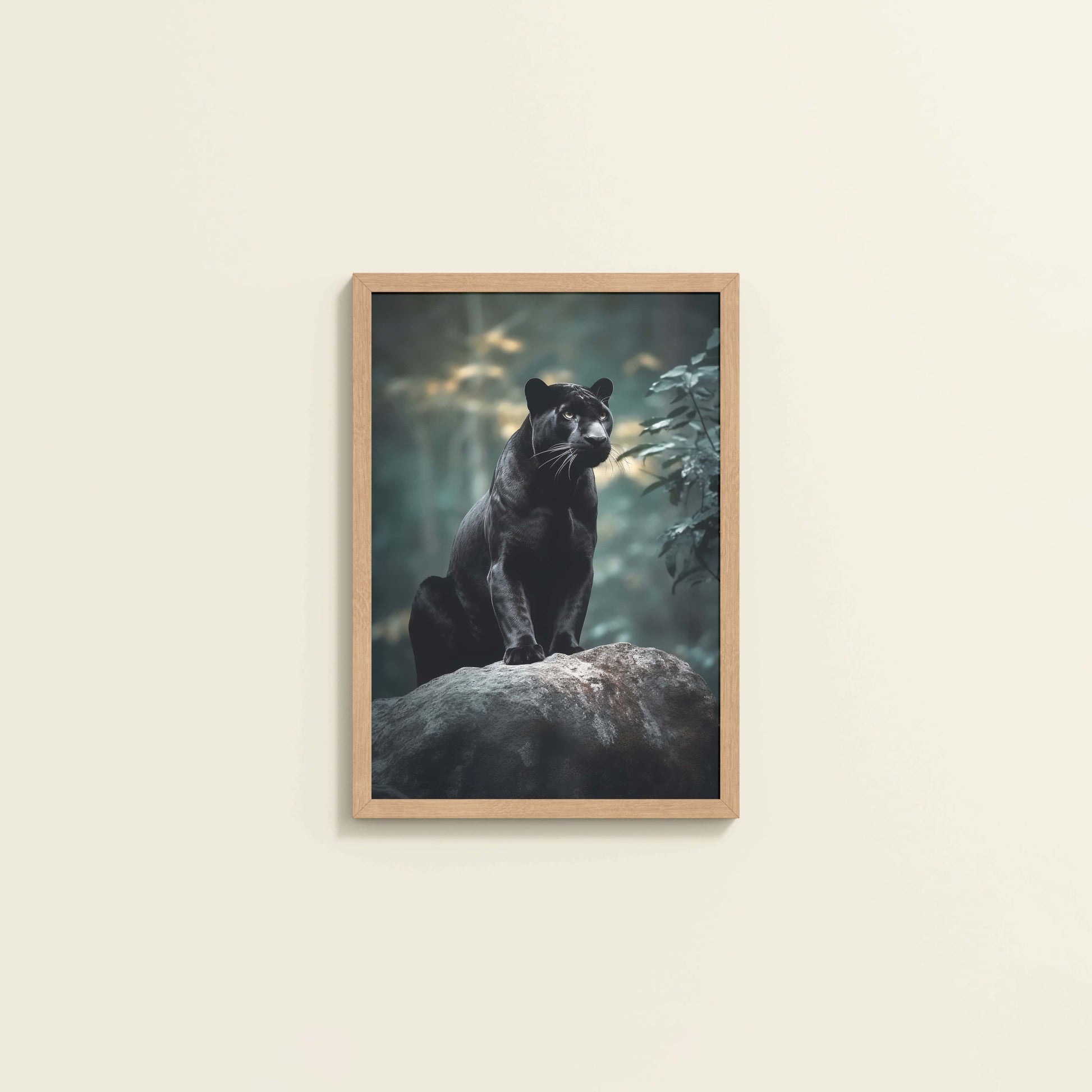 Wall View of Black Panther in Forest – Wildlife Wall Art Decor in Natrual Color Frame