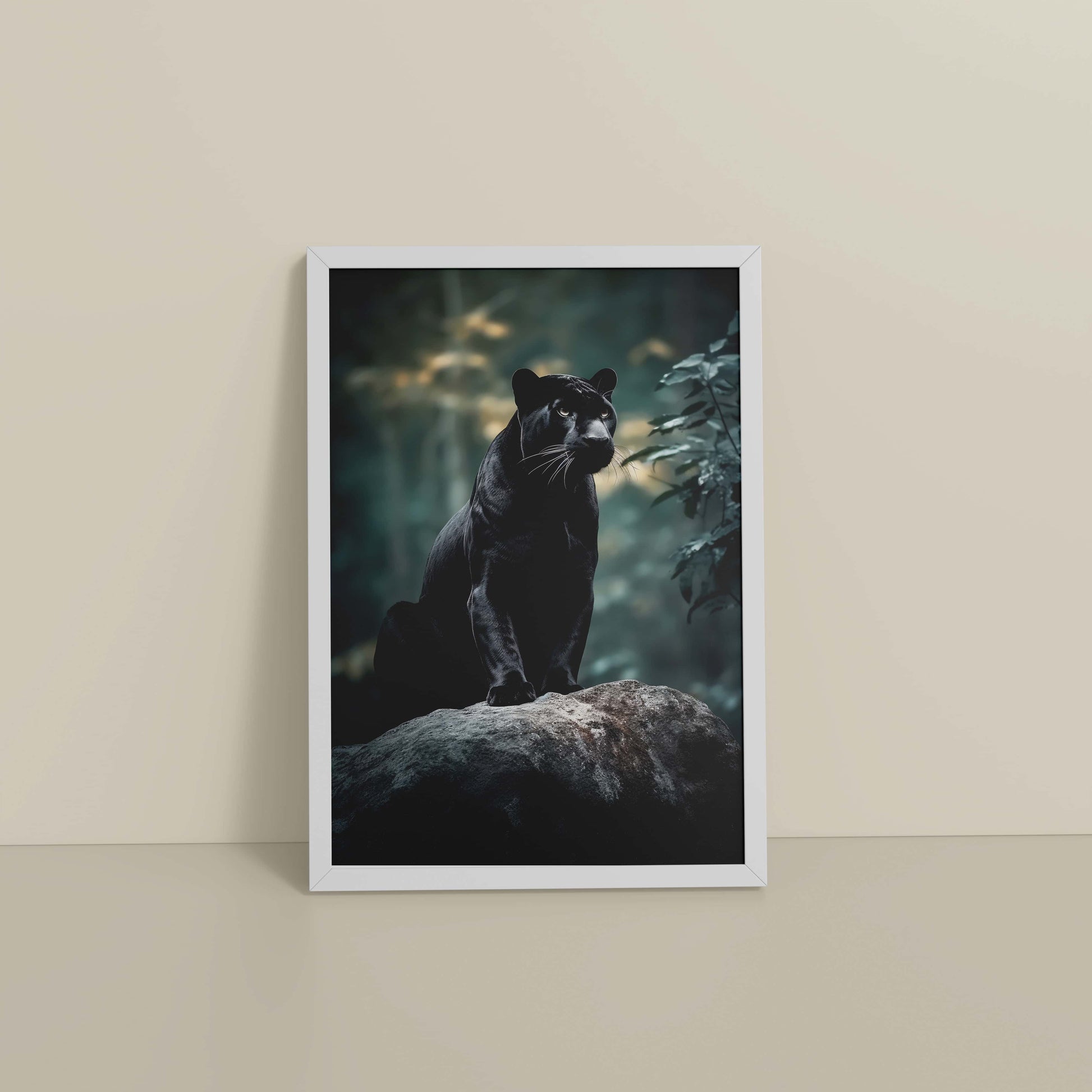 Floor View of Black Panther in Forest – Wildlife Wall Art Decor in White Color Frame
